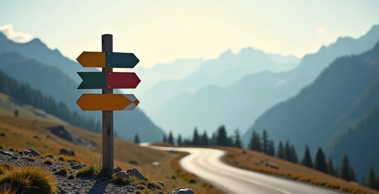 Carrefour en montagne avec poteaux directionnels aux formes géométriques abstraites