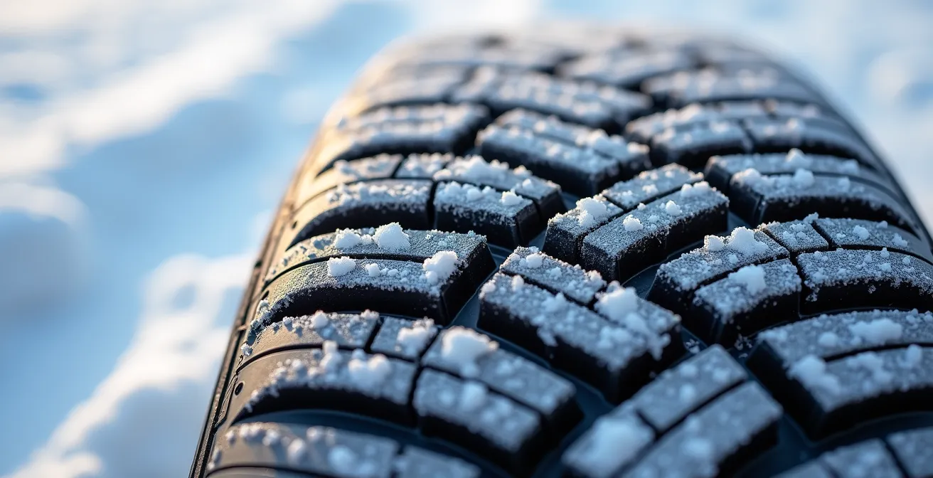 Gros plan sur un pneu hiver avec marquage 3PMSF sur neige fraîche