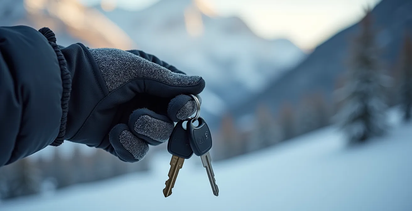 Gros plan sur une main tenant des clés de voiture avec des gants d'hiver, montagnes floues en arrière-plan
