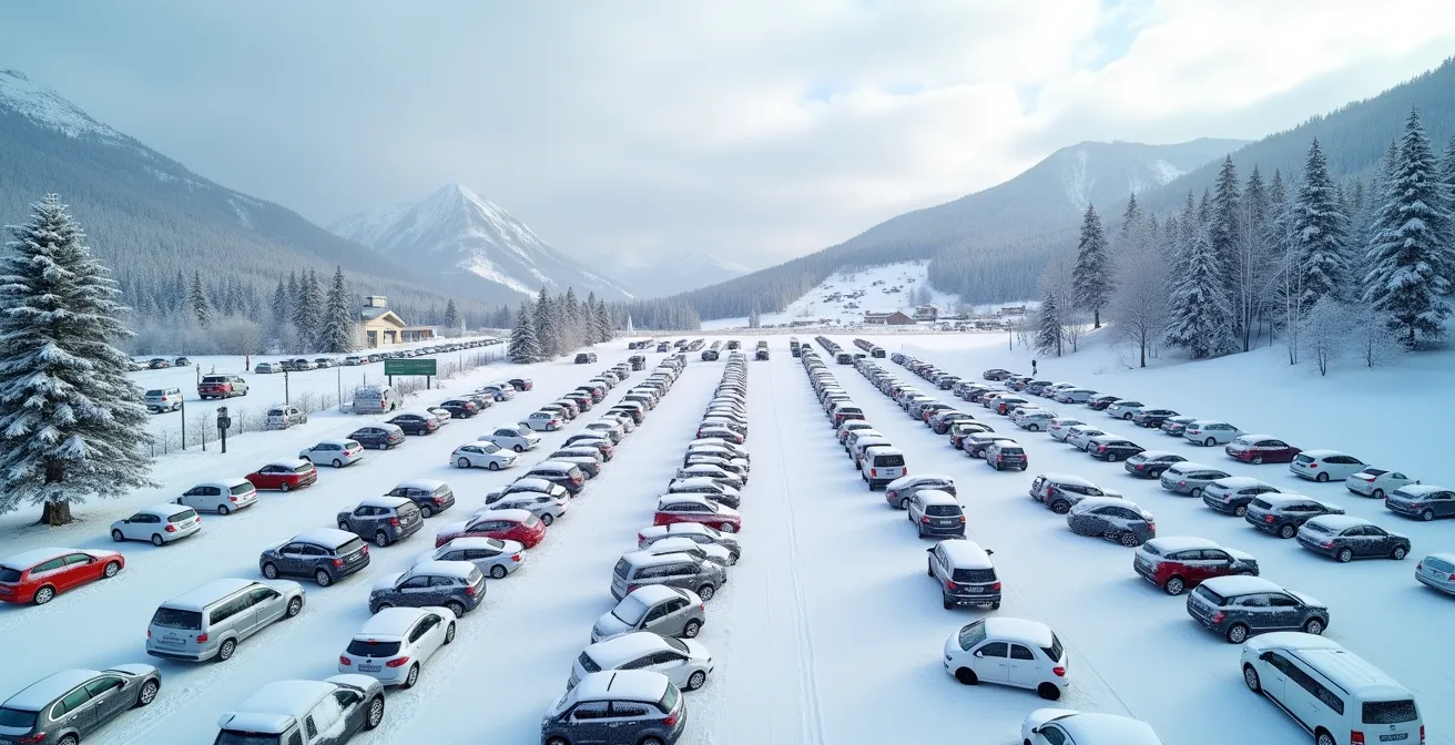 Vue aérienne d'un parking de station de ski bondé avec des voitures recouvertes de neige
