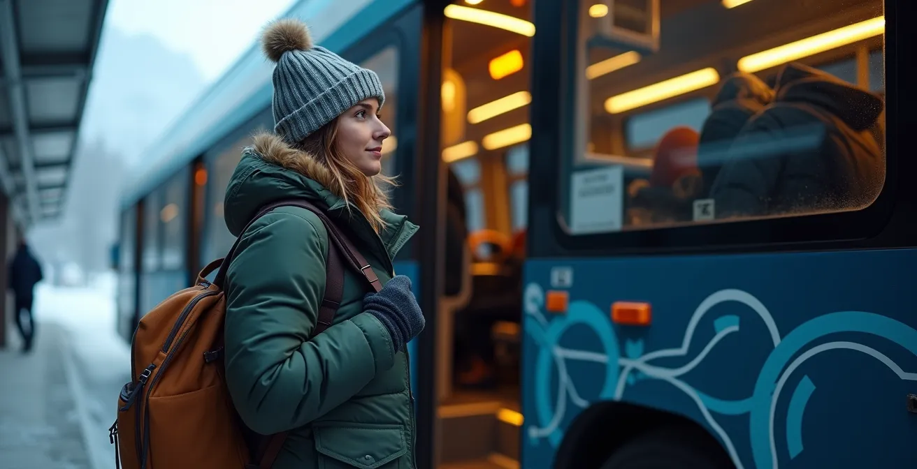 Voyageurs montant dans un bus moderne à la gare routière d'Annecy
