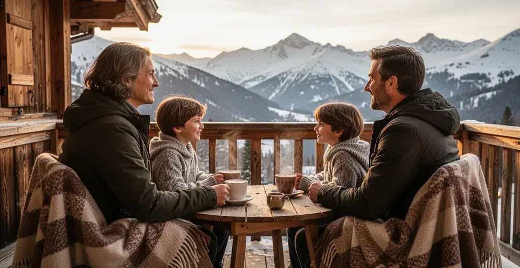 Famille sur terrasse chalet montagne Courchevel moment détente après-ski