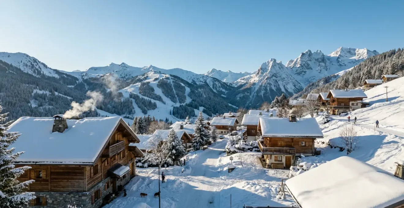Vue panoramique village Courchevel avec chalets savoyards enneigés et pistes de ski
