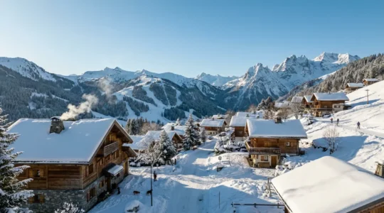 Vue panoramique village Courchevel avec chalets savoyards enneigés et pistes de ski
