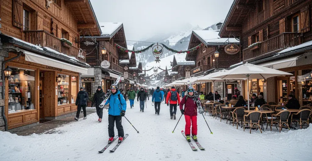 Rue piétonne animée station ski Courchevel avec boutiques et skieurs