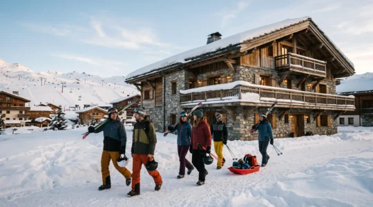 Groupe d'amis portant leurs skis se dirigeant vers un grand chalet en pierre et bois enneigé, avec les remontées mécaniques d'un grand domaine skiable en arrière-plan en Haute-Savoie.