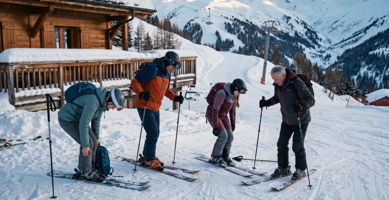 Quatre skieurs chaussent leurs skis sur la neige devant la terrasse d'un chalet, avec les pistes et les télésièges en arrière-plan.