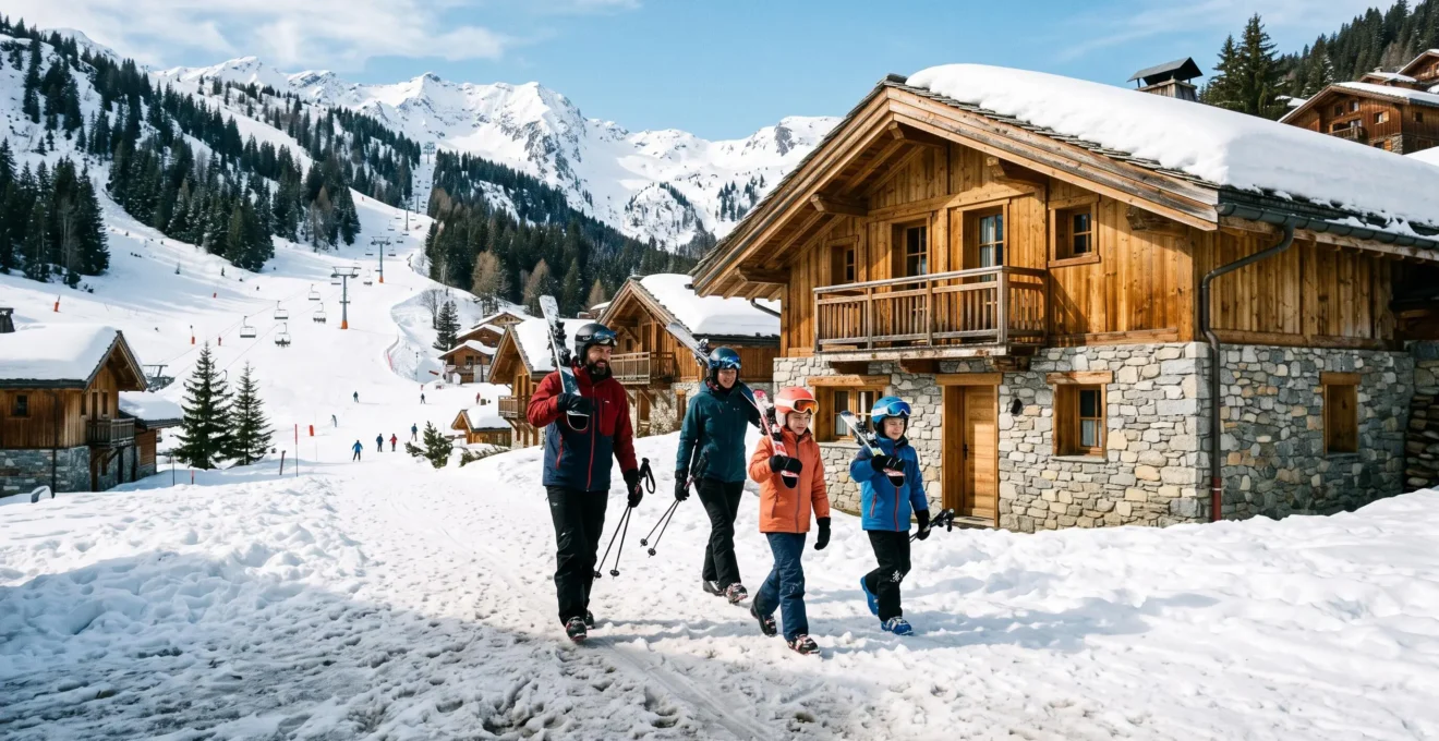 Une famille de skieurs rejoint un chalet en bois et pierre au pied des pistes dans une station village des Alpes françaises.