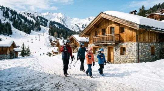 Une famille de skieurs rejoint un chalet en bois et pierre au pied des pistes dans une station village des Alpes françaises.